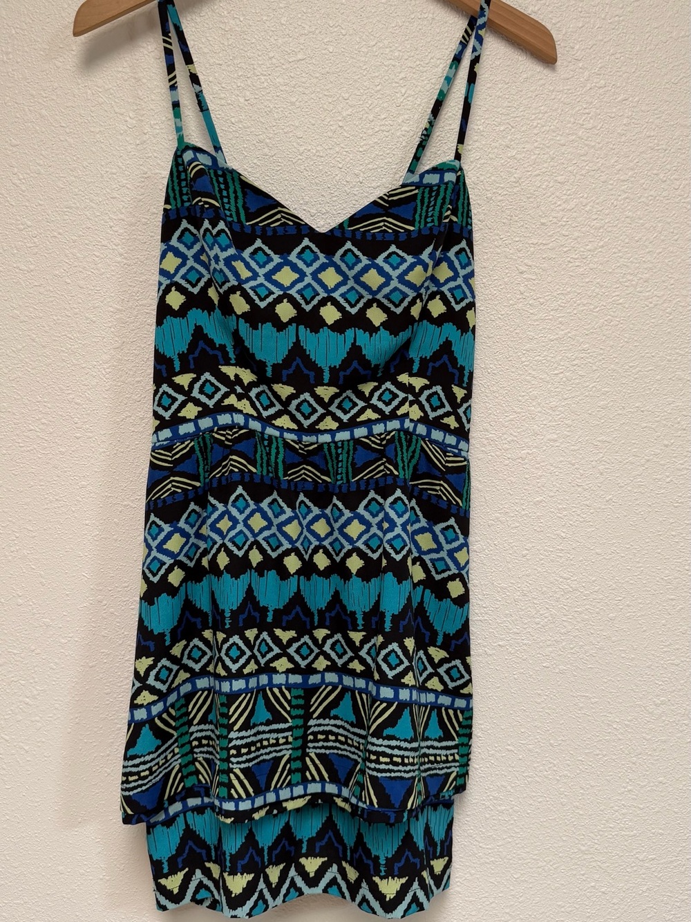 bebe Blue and Black Geo Print Spaghetti Strap Dress size medium